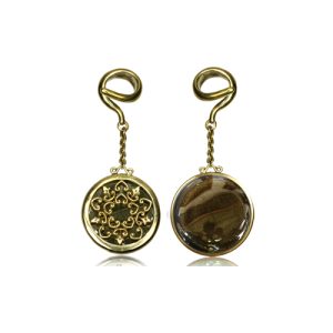 brass golden obsidian stone ear weights hangers stretched earlobe jewelry ornamental mandala