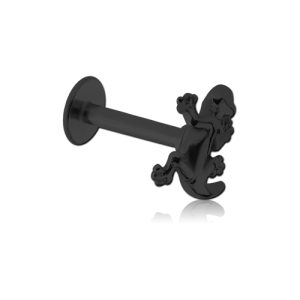 black steel externally threaded labret with gecko lizard attachment