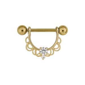 gold plated steel nipple barbell fairytale ornamental jewelled shield piercing jewelry