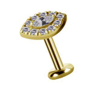 gold plated titanium internally threaded labret with jewelled crystal eye attachment piercing jewelry