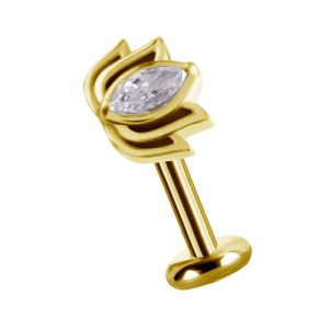 gold plated titanium internally threaded labret with jewelled crystal lotus attachment piercing jewelry