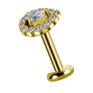 gold plated titanium internally threaded labret with jewelled crystal teardrop attachment piercing jewelry