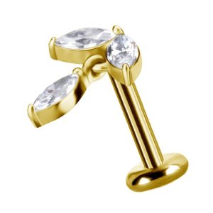 gold plated titanium internally threaded labret with jewelled crystal marquise attachment piercing jewelry