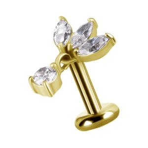 gold plated titanium internally threaded labret with jewelled crystal marquise cluster attachment piercing jewelry