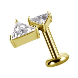 gold plated titanium internally threaded labret with jewelled crystal triangle attachment piercing jewelry