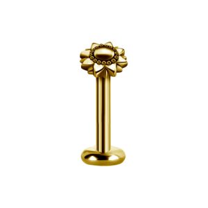 gold plated titanium internally threaded labret with ornamental sunflower attachment piercing jewelry