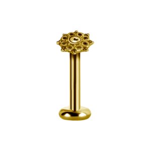 gold plated titanium internally threaded labret with ornamental mandala attachment piercing jewelry