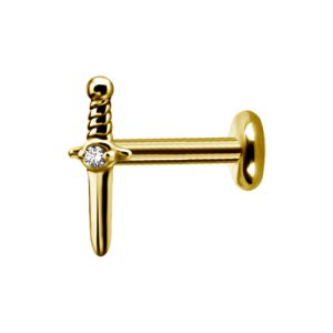 gold plated titanium internally threaded labret with jewelled crystal dagger attachment piercing jewelry
