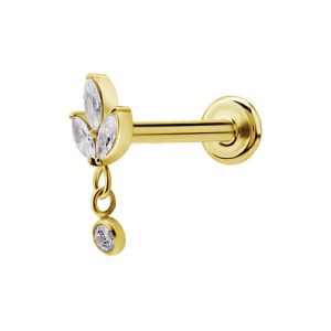 gold plated titanium internally threaded labret with jewelled crystal marquise cluster attachment piercing jewelry