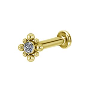 gold plated titanium internally threaded labret with jewelled crystal ornamental attachment piercing jewelry