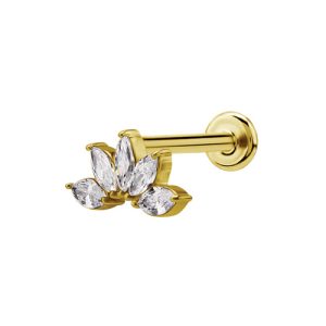 gold plated titanium internally threaded labret with jewelled crystal marquise fan cluster attachment piercing jewelry