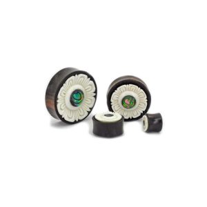 wood stretched earlobe plug piercing jewelry abalone inlay