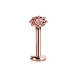 rose gold titanium internally threaded labret with ornamental mandala attachment piercing jewelry