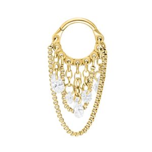 gold plated steel crystal jewelled clicker dangly chains hinged ring piercing jewelry